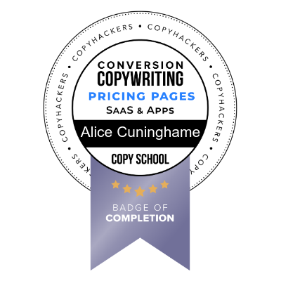 Alice Cuninghame. Conversion Copywriter. Pricing Pages.